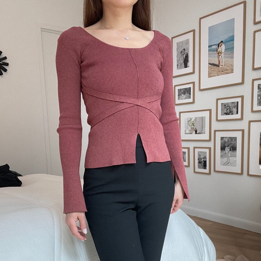 Wilfred Maroon Scoop Neck Slim Long Sleeve Top Tie Front Size XS